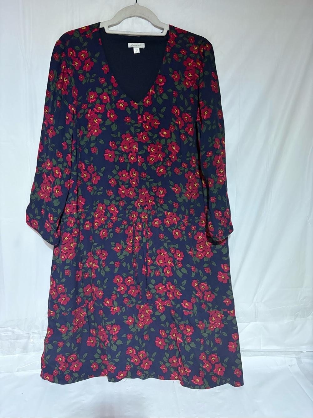 Garnet Hill Navy Midi Dress with Red Floral Print